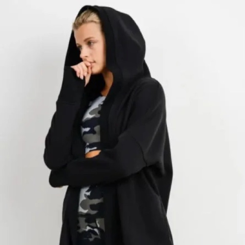 Open Front Longline Hoodie Cardigan - Black